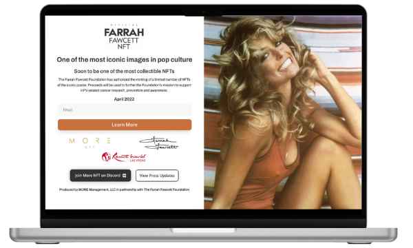 laptop of Farrah Fawcett NFT homepage